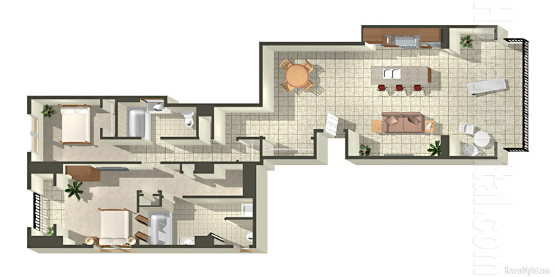 Architectural Rendering Floor Plans - Beach Villas at Ko Olina Resort - Oahu, Hawaii HI